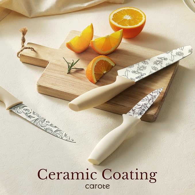 CAROTE Kitchen Knife Set, 6 Floral Knives with 6 Blade Guards, 12-Piece | Stainless Steel Blades, Ceramic Nonstick Coating, Long-Lasting Sharpness, Rust-Resistant, Non-Slip, Dishwasher Safe - Image 5