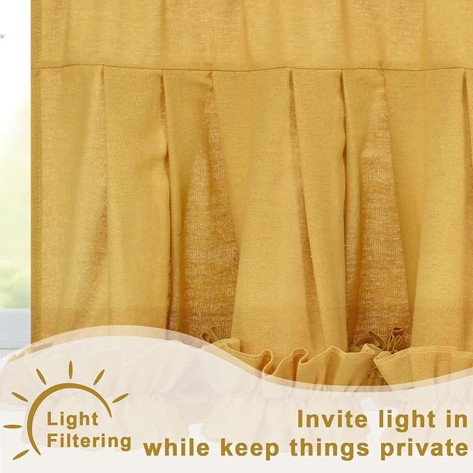 Likiyol Linen Valances for Windows Farmhouse Window Valances with Ruffle Rustic Country Light Filtering Kitchen Valance Curtains Rod Pocket Valance for Bathroom Cafe, Yellow, 52" W X 18" L - Image 4