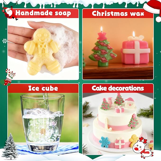 4Pcs Christmas Chocolate Molds, 14-Cavity Silicone Candy Baking Molds Snowflake Cane Snowman Santa Claus Christmas Trees Gingerbread Man Gift Box Shape Mold for Candies, Ice Cubes, Wax Melts
