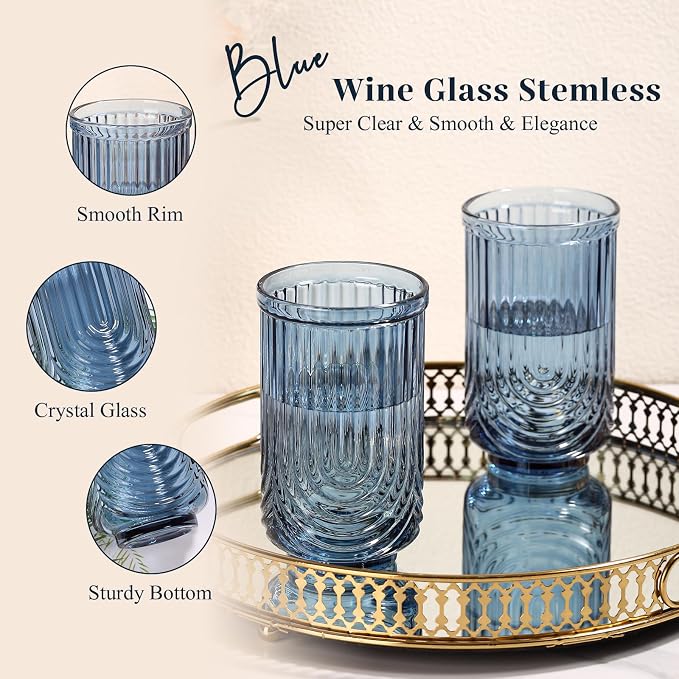 Blue Vintage Drinking Glasses Set of 6-17oz Hand-Blown Highball Ribbed Glassware, Arch Design Cocktail Glasses for Whiskey Water Beverages Ice Coffee Juice Milk - Image 4