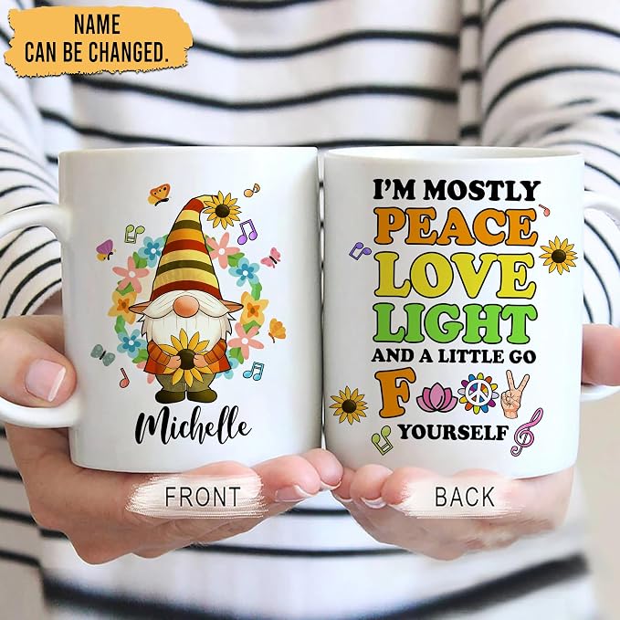 Hyturtle Personalized Gnome Hippie Coffee Mug Gifts on Birthday Christmas | Unique Gift Ideas for Gnome Lovers, Gnomes Gifts For Women Custom Name 11oz White Ceramic Coffee Tea Mug, Comfort grip handle - Image 2