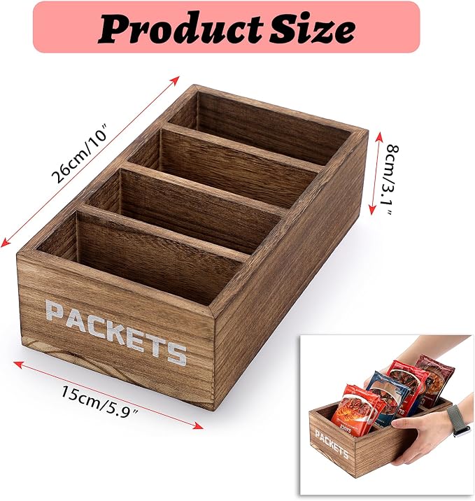 BSTKEY Seasoning Packet Organizer, Food Packet Storage Organizer with 4 Compartments, Wooden Storage Caddy for Kitchen Pantry Cabinet, Farmhouse Kitchen Organization Bin for Snacks Spice Packets - Image 2