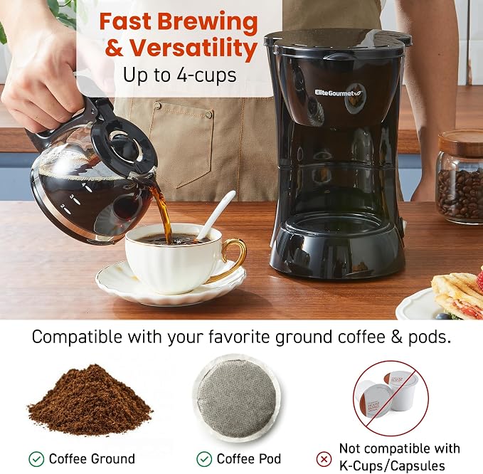 Elite Gourmet EHC4128 Automatic 4-Cup Drip Coffee Maker, Black | Glass carafe, Pause N Serve, reusable filter, On/Off switch, and Keep Warm with water level indicator - Image 5