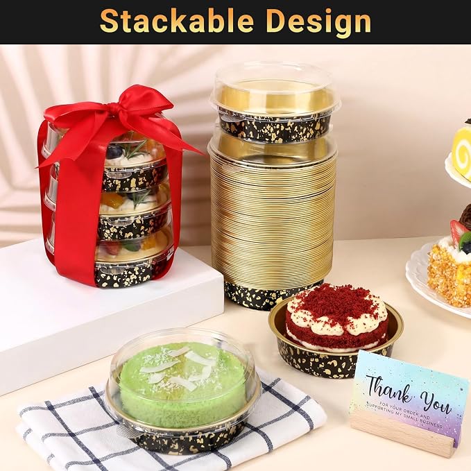 Beasea Mini Ramekins with Lids, 100 Pack 7.3oz Disposable Aluminum Tart Pie Baking Tins Pans, 4 Inch Small Individual Cheesecake Tart Containers Oven Baking Dishes for Party - Black Gold Speckles - Image 4