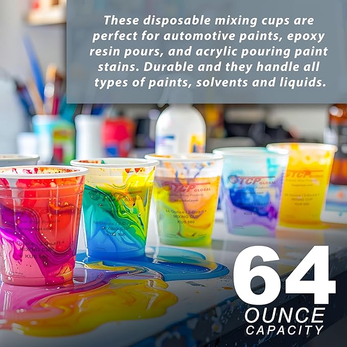 Custom Shop Paint Mixing Cups, 64-Ounce (12 Pack) - Plastic Measuring Cups for Liquids, Automotive Painting, Epoxy Resin, Acrylic Arts, Crafts, Disposable or Reusable, Graduated, Mixing Ratios
