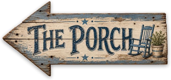 The Porch Left-Pointing Arrow Sign — Die-Cut Metal Directional Wall Decor | barnwood look, rustic, durable print, ready to hang by MRC+Wood+Products