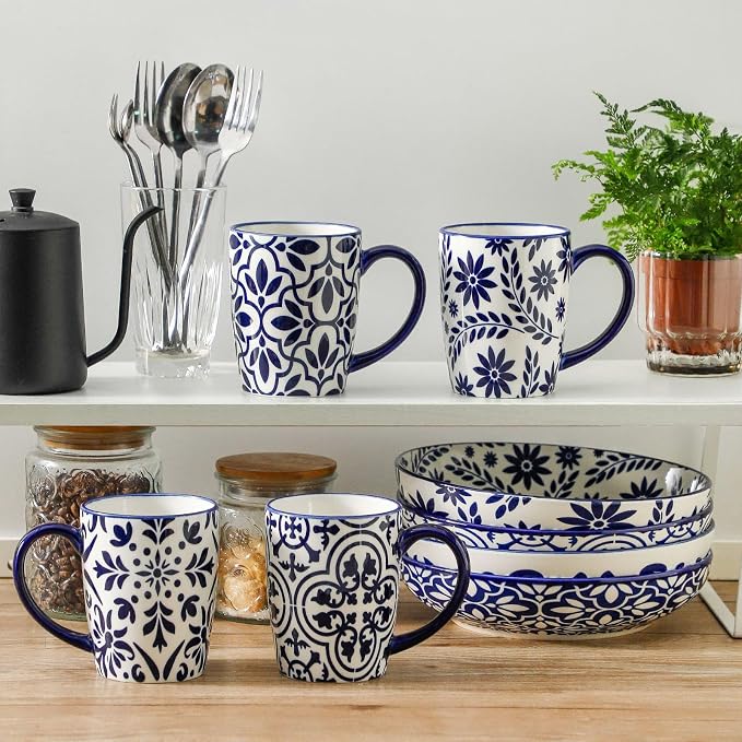 HASENSE 15OZ Coffee Mugs, Ceramic Coffee Mugs Set of 4 with Handle, Coffee Cups Ceramic with Blue and White Floral Patterns, Porcelain Mug Set for Coffee, Tea,Suitable for Home, Office, Vintage Blue - Image 5