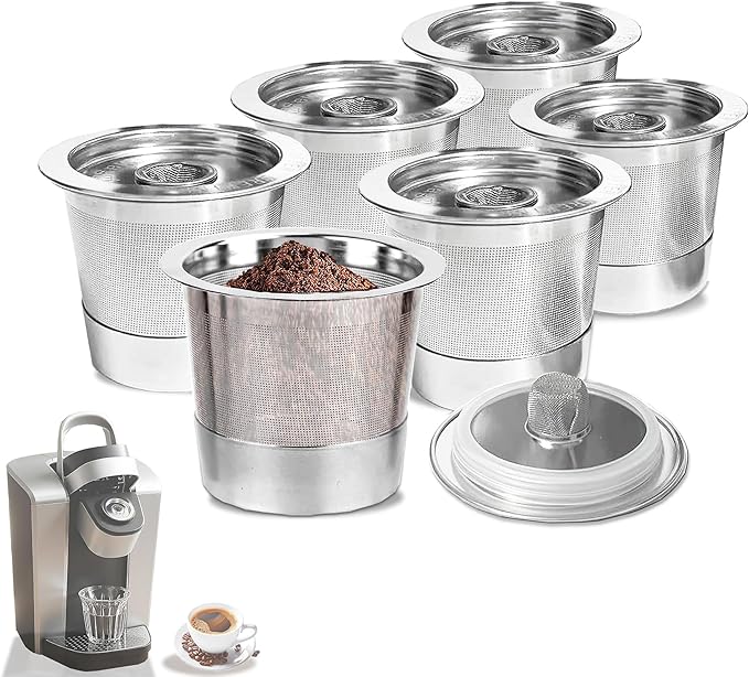 6-Piece Reusable Coffee Filter Capsules for K-eurig 1.0, Stainless Steel, BPA-Free, Cylindrical, Compatible with K-eurig Coffee Makers (6PCS)
