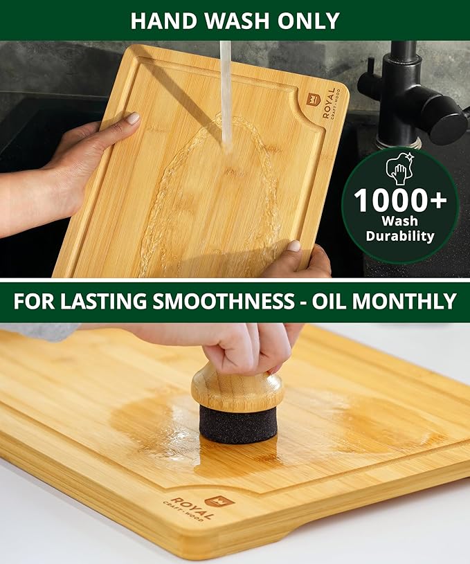 ROYAL CRAFT WOOD Wooden Cutting Boards for Kitchen Meal Prep & Serving - Bamboo Wood Serving Board Set with Deep Juice Groove Side Handles - Charcuterie & Chopping Butcher Block for Meat - Image 6