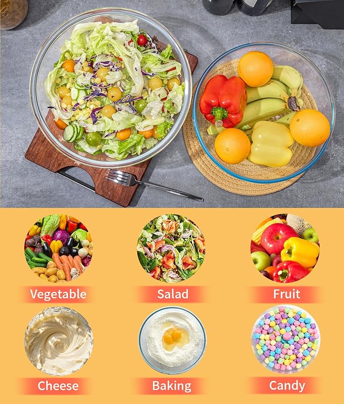 4.7Qt Large Glass Mixing Bowls, Clear Large Salad Bowls,Thick Glass Big Mixing Bowls Salad Bowls Cooking Bowl for Kitchen Prepping Baking Serving, Fruit,Candy, Dishwasher Safe, Borosilicate Glass