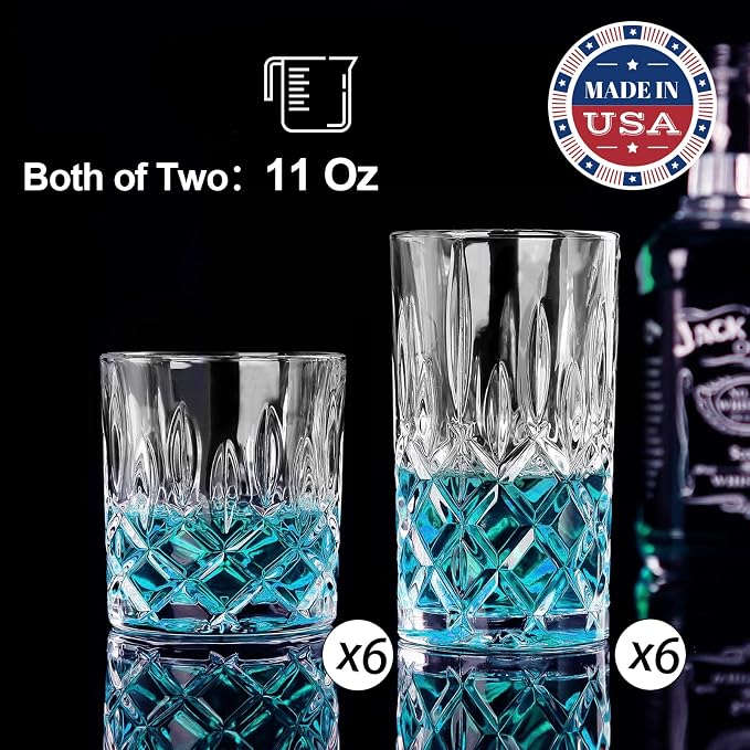 Drinking Glasses, 12 Piece Crystal Glass Cups, Mixed Glassware Set, 6 pcs Crystal Old Fashioned 11oz Highballs and 6 pcs 11oz Whiskey Glasses, Great for Cocktail, Whisky and other Beverages - Image 2