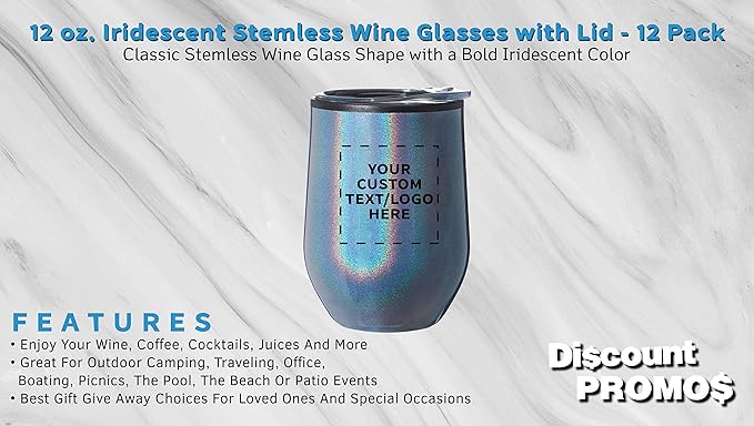 Custom Palmera Stemless Wine Tumblers with Lids 12 oz. Set of 12, Personalized Bulk Pack - Perfect for Wine, Cocktails, Other Hot & Cold Beverages - Iridescent Blue