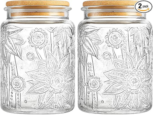Vintage Glass Jar with Bamboo Lid, 23.7 FL oz - Airtight Decorative Food Storage Canisters for Kitchen Counter, Ideal for Candy, Sugar, Coffee, Cookies (Sunflower*2) by Custde