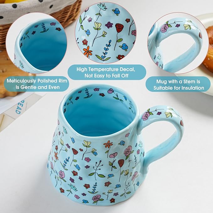 Ceramic Coffee Mug, 20oz Blue Large Mugs with Big Handle, Cute Floral Cup for Latte, Tea, Cocoa, Porcelain Big Tea Cups for Women Mothers Day, Dishwasher and Microwave Safe - Image 3