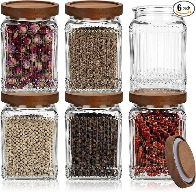 6 Pcs Vintage Glass Storage Jar with Lid 25.3 oz Glass Containers Stylish Ribbed Pattern Airtight Kitchen Jars Candy Jar for Food Cookies Candy Coffee Tea Beans Grains Storage by Ferrochef