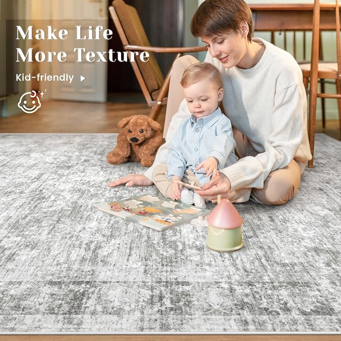 8x10 Area Rugs for Living Room: Washable Large Vintage Floral Rug Low Pile Non-Slip Boho Carpet for Bedroom Dining Home Office (Grey, 8'x10') - Image 3