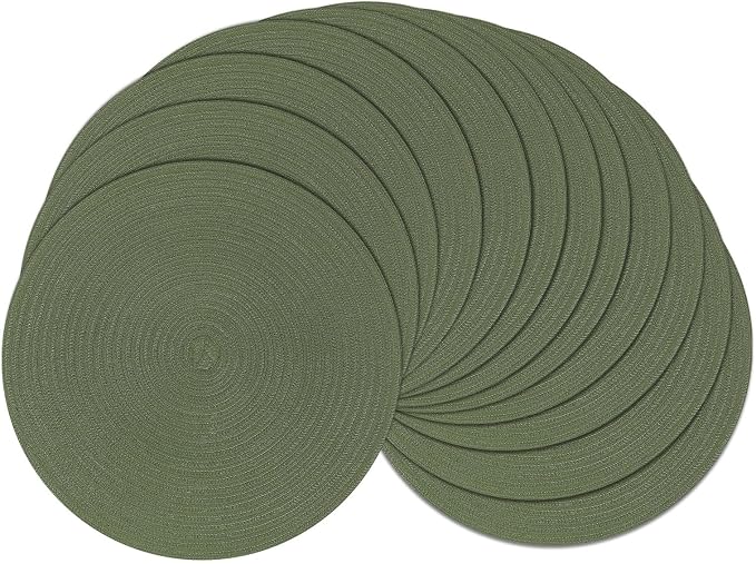 SHACOS Round Placemats Set of 12 Washable 15 inch Round Table Mats Cotton Polyester Woven Braided Place Mats for Dining Table Wedding Party Decor (Olive Green, 12) by SHACOS
