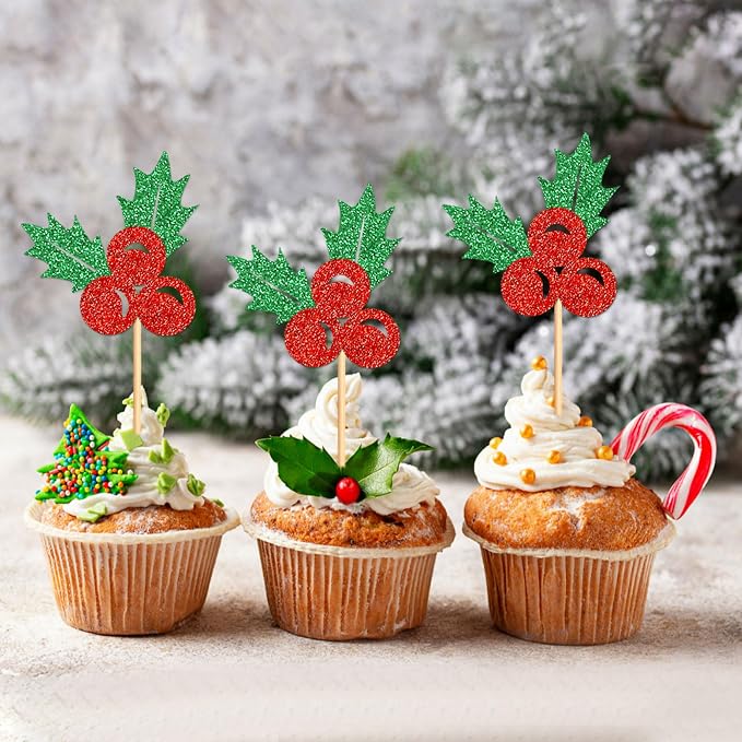 24 Pack Christmas Holly Leaves Cupcake Toppers Picks Christmas Eve Party Cake Baby Shower Birthday Party Cake Decoration Supplies - Image 4