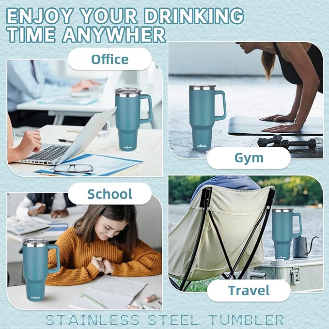 40 oz Insulated Coffee Mug with Ceramic Coating, Stainless Steel Travel Coffee Tumbler with Handle Lid and Straw, Double Wall Leak-Proof Coffee Travel Mug Keeps Drink Hot and Cold (Lake Green) - Image 7