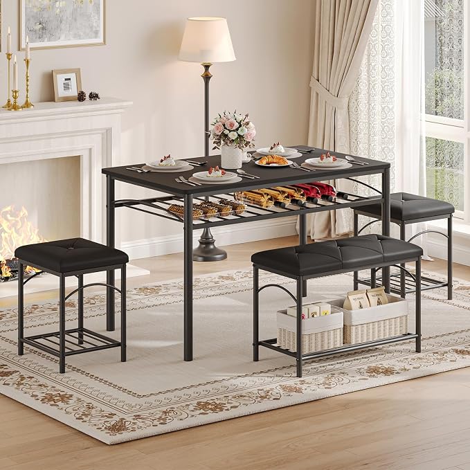 GarveeHome Dining Table Set for 4 with Upholstered Benches and 2 Stools, Modern Space Saving Kitchen Breakfast Table, Ideal for Small Kitchens, Apartments, Studios, and Compact Living Spaces - Image 2