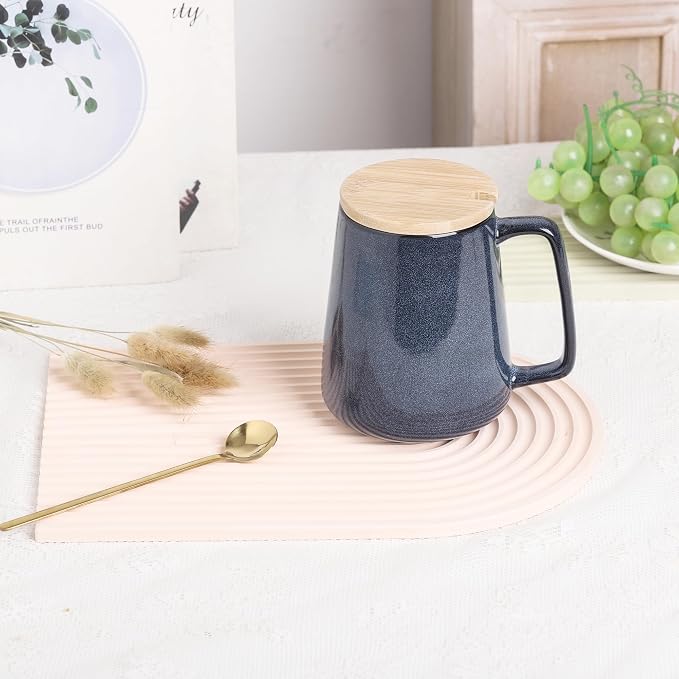 Large Ceramics Coffee Mugs,24 OZ,With Spoon And Wooden Lid,For Coffee,Tea,Cocoa,Large Handle Design,Microwave And Dishwasher Safe(Color:24 oz blue set) - Image 4