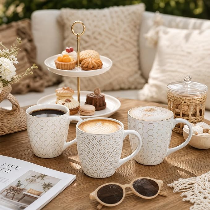 DOWAN Coffee Mugs Set of 6, 19 oz Large Mug, Ceramic Embossment Stoneware Tea Cups with Handle for Men Women, Handcrafted Mug Gift Set, Housewarming Wedding Gift - Image 6