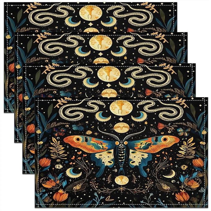 Feelyou Bohemian Moth Placemats Set of 4 18"x12" Boho Exotic Butterfly Placemat for Kitchen Dining Table Decor Indoor Outdoor for Kids Teens Adults Sun Moon Table Place Mats, Galaxy Floral Botanical by Feelyou