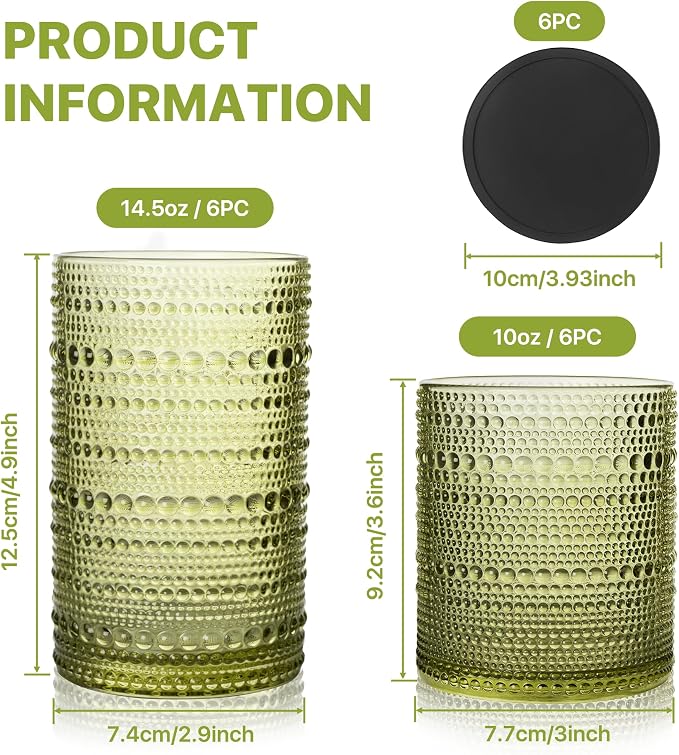 Hobnail Drinking Glasses Set of 12 with 6 Coasters, Green | 6 Highball Glasses (14.5 oz), 6 Old Fashioned Glasses (10 oz) and 6 Silicone Coasters for Water, Whiskey and Cocktails - Image 4