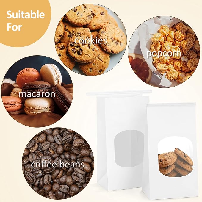BagDream Small Cookie Bags 3.54x2.36x6.7 Inch Tin Tie Closure 100Pcs White | Resealable, Window, Grease Resistant, For Homemade Baked Goods, Snack, Coffee Beans, Party Favor, Gift Giving, Small Business - Image 3