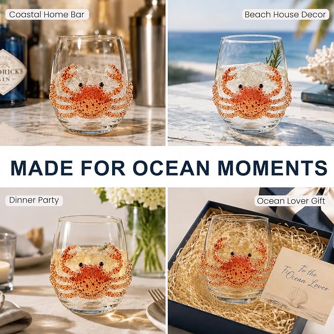 Coastal Stemless Wine Glasses Set of 4, 12oz 3D Ocean Animal Artisan Glassware Collection with Unique Sea Life Designs (E - Set of 1) - Image 4