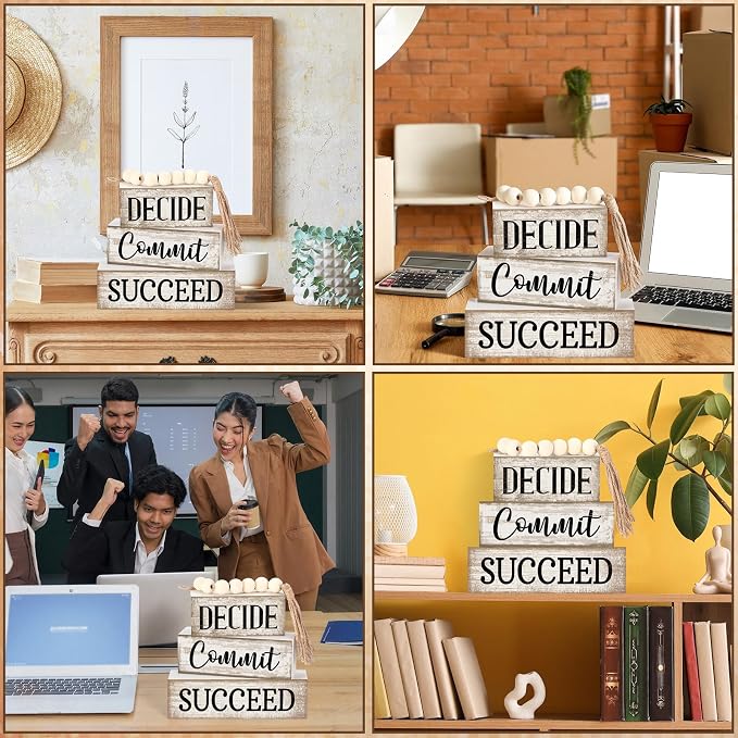 4 Pcs Inspirational Farmhouse Table Decor Rustic Motivational Wooden Stacked Block Decor,Decide Commit Succee Sign with Wood Bead Tassel, Inspirational Tiered Tray Decoration for Home - Image 5