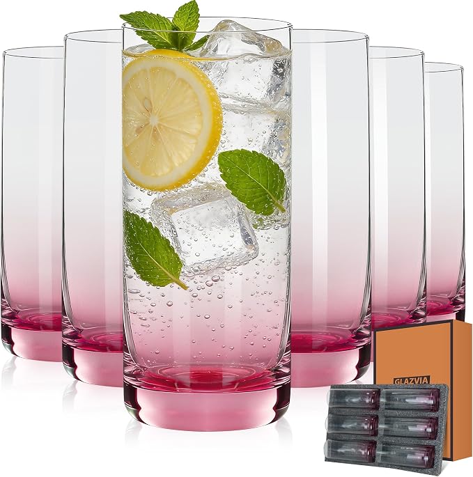 Pink Highball Glasses Set of 6,13oz Pink Drinking Glass Cups for Mixed Drink Cocktail, Beer, Mojito, Water and Juice,Thick Tall Crystal Glassware for Kitchen, Restaurant, Home Bar and Parties by GLAZVIAElegantGlass