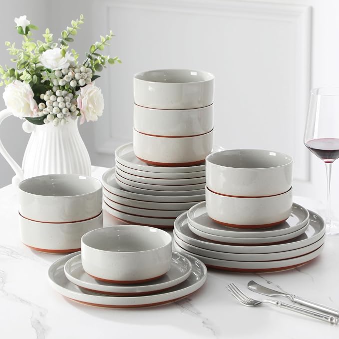MALACASA Plates and Bowls Sets, 24 Pieces Modern Ceramic Dinnerware Set for 8 Kitchen Dinner Set Stoneware Dishware Dishes Set Microwave and Dishwasher Safe, Grey, Series TARA - Image 7
