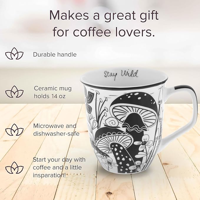 Karma Gifts 14 oz Black and White Boho Mug Mushroom - Cute Coffee and Tea Mug - Ceramic Coffee Mugs for Women and Men - Image 3
