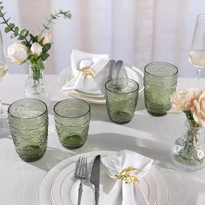 abrwyy Green Drinking Glasses, Vintage Glassware, 14oz Green Glass Cups | Lead-Free Glass, Thick&Durable Glass, Home Decoration, Drinking Glasses Set of 6 - Image 3