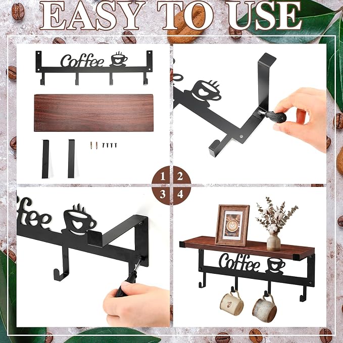 Wenqik Wall Mounted Coffee Mug Holder Black Metal and Wood with 4 Hooks Coffee Cup Holder Wall Mounted Mug Rack with Storage Shelf for Kitchen Office Farmhouse Home Decoration - Image 3
