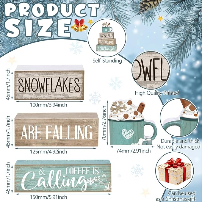 Moucuny 4 Pcs Winter Table Decor Wooden Milk Cocoa Decoration Winter Tiered Tray Centerpiece Decorative Blue Hot Cocoa Block Signs Gift Farmhouse Decoration for Home Kitchen - Image 4