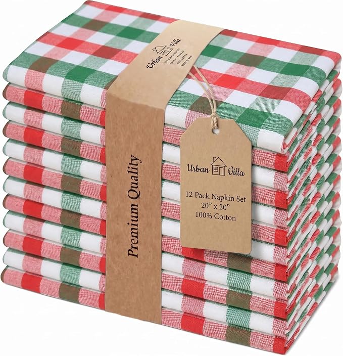 Urban Villa Cloth Napkins Cotton 12x12 (Set of 12) Red/Green/White by CottonTrends