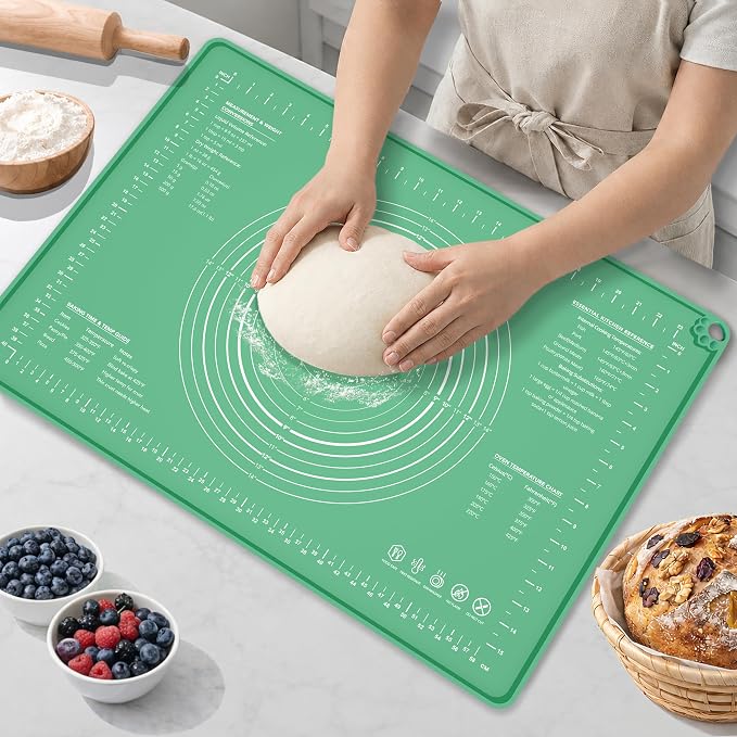 Extra Large Food Grade Platinum Silicone Pastry Mat 24 x 16, Non-Slip Non-Stick Baking Mat for Rolling Dough with 5mm Raised Edge, Measurements & Baking Guide for Bread, Pizza, Pie & Sourdough by Unknown