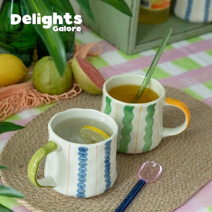 Striped Ceramic Coffee Mug Set of 4 (16oz) - Handmade Look Tea Cups with Yellow/Green Handles, Microwave Safe, Durable Daily Drinkware - Image 5