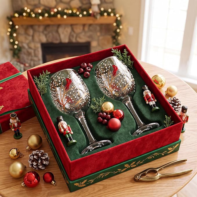 Yungyan Christmas Wine Glasses Set of 4 Hand Painted Cardinal Stemmed Goblets 15 oz Clear Glass Holiday Drinkware for Winter Dinner Party Festive Table Decor and Elegant Hostess Gifting Glassware - Image 3