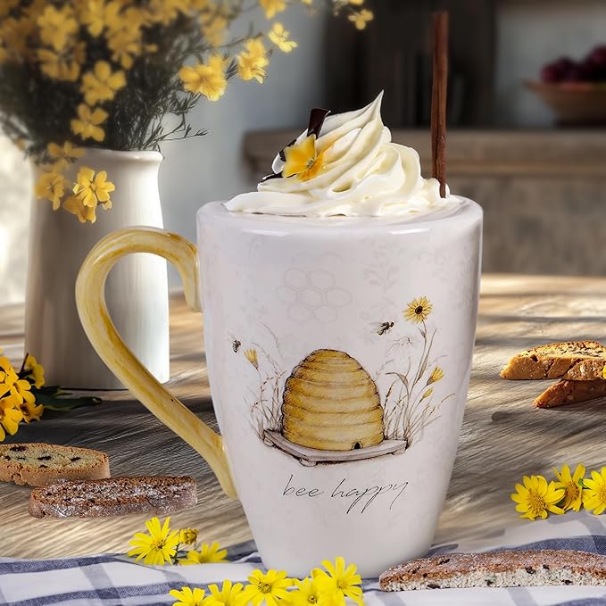 Bee Sweet Set of 4 Large Ceramic Mugs – 22 oz Coffee, Tea, Hot Cocoa Cups with Farmhouse Bee & Floral Design, Rustic Oversized Mugs with Comfort Handle – Microwave & Dishwasher Safe - Image 2