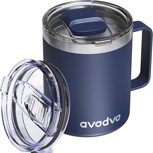 12oz Insulated Coffee Mug with Lid – Includes Two Lids, Stainless Steel Coffee Travel Mug with Handle, Double Wall Vacuum Insulated Camping Mug for Home, Office & Outdoor, Navy Blue by avodvo