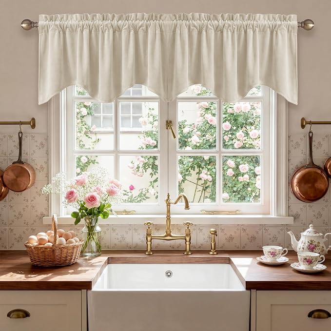 Beige Window Valance Curtains 52x18 Inch 1 Panel | Luxury Velvet Wavy Scalloped Window Treatment, Versatile Small Window Drapes for Kitchen, Bathroom, RV, Living Room by StangH