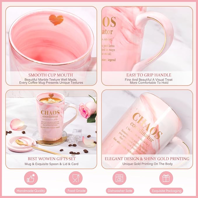 ShinnyWis Thank You Gifts for Women, Chaos Coordinator Appreciation Birthday Christmas Boss Day Gifts for Boss Lady Coworker Teacher Nurse Manager, 14 oz Pink Marble Gold Print Coffee Mug & Gift Box - Image 5