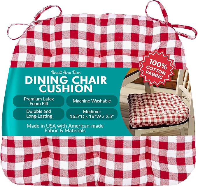 Barnett Home Decor Classic Check Red Dining Chair Pad with Ties - Medium Size 18 Chair Cushion - Latex Foam Fill - Machine Washable, Reversible, 100% Cotton, Made in USA (Red White Plaid) by BarnettHomeDecor