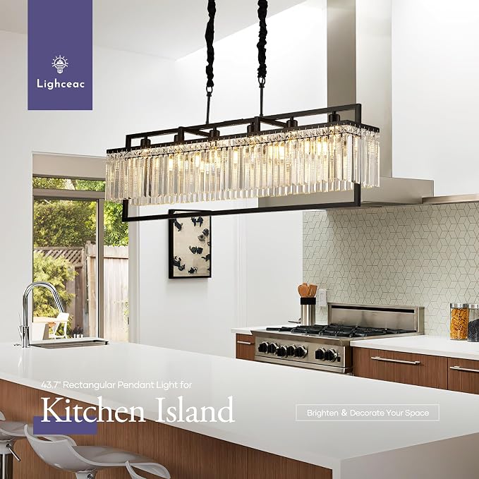 43.7" Modern Black Crystal Chandeliers for Dining Room, Luxury Rectangle 6-Light Kitchen Island Lighting, Linear Hanging Ceiling Pendant Light Fixture for Pool Table Entryway Foyer Hallway - Image 6