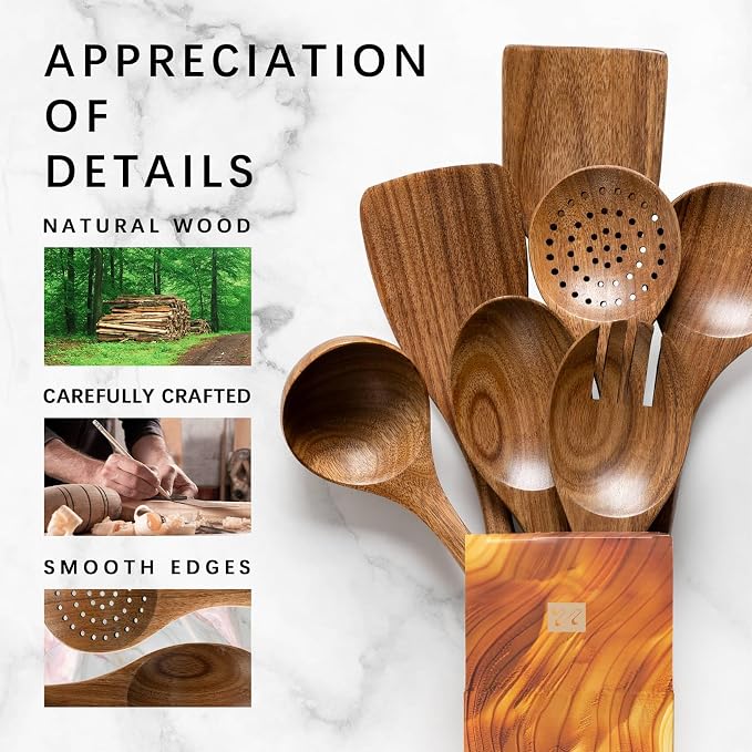 Wooden Spoons for Cooking, 7-Piece Acacia Wood Cooking Utensil Set | Spoons and spatulas stir, mix, flip and serve; balanced handles offer control while staying gentle on nonstick cookware. - Image 4