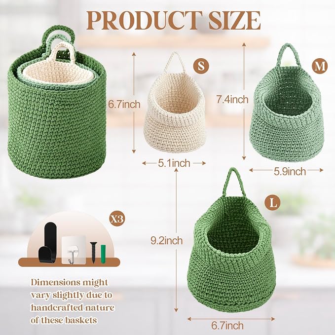 Honeydak Boho Decor Hanging Wall Baskets for Kitchen 3 Pack Teardrop Baskets with Hooks Storage Fruit Onion Vegetable Potato for Home 3 Sizes(Sage Color Palette,Barrel,Cotton Rope) - Image 2