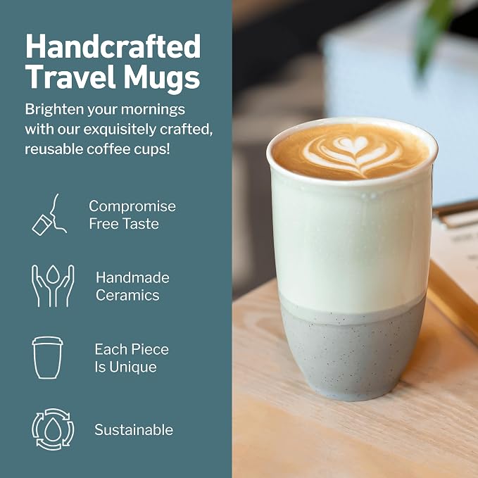 NOVA CERAMICS Travel Mug – Coffee Travel Mug – Reusable Coffee Cup Unique to Go Mug – Microwave & Dishwasher Safe Coffee White Tumbler - Gifts for Women Men Him Her – 12oz – Sea Mist - Image 2